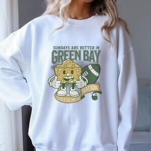 Green Bay Football White Crewneck Sweatshirt Cheesehead Style